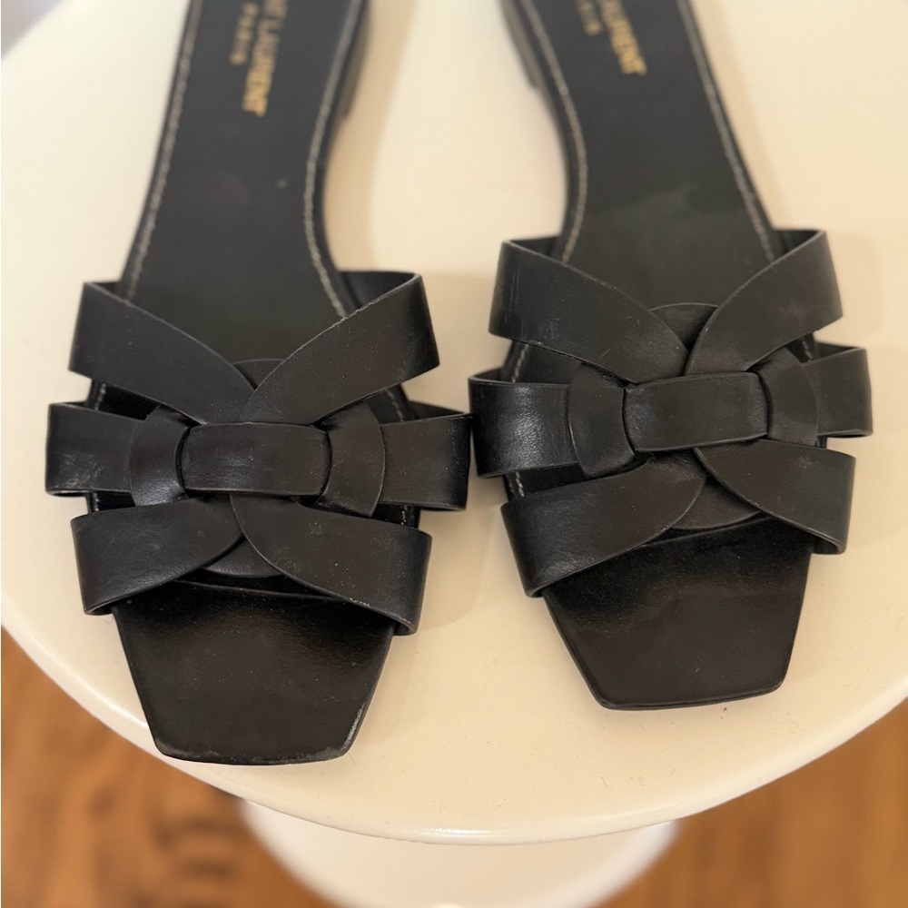 Saint Laurent Black Braided Leather Slide Sandals - Women